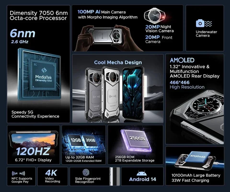 نسخة عالمية DOOGEE S200 هاتف متين 5G بسعة 12 جيجابايت و256 جيجابايت وشاشة 6.72 بوصة بمعدل تحديث 120 هرتز وكاميرا رئيسية بدقة 100 ميجابكسل مع تقنية الذكاء الاصطناعي وبطارية سعة 10100 مللي أمبير ونظام أندرويد 14 وتقنية NFC - 2