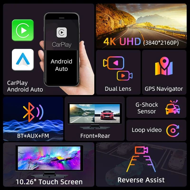 كاميرا داش 7 بوصة/10.26 بوصة 4K لاسلكية Carplay Android Auto 350 °   عدسة دوارة للسيارة DVR GPS والملاحة ولوحة القيادة ومسجل فيديو بلوتوث - 2