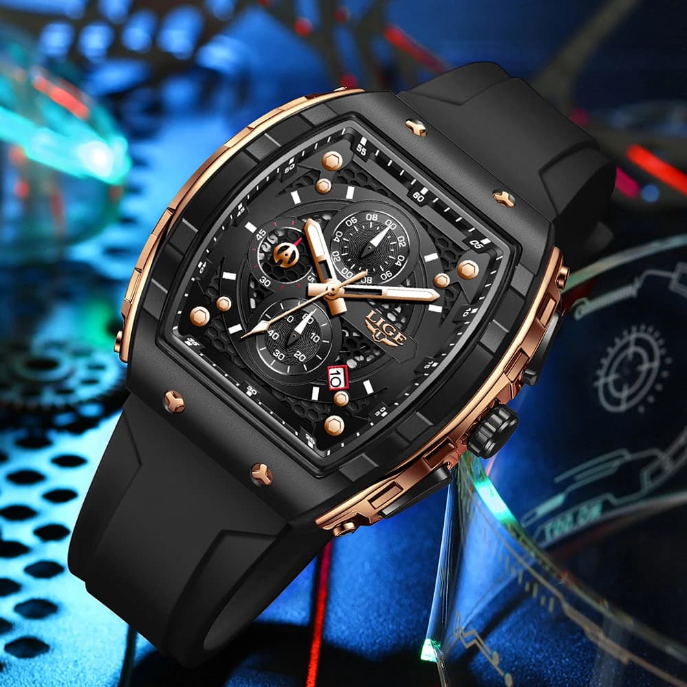 LIGE Men Watches Top Brand Luxury Square Silicone Watch For Men Fashion Military Quartz Waterproof Chronograph Relogio Masculino - 3
