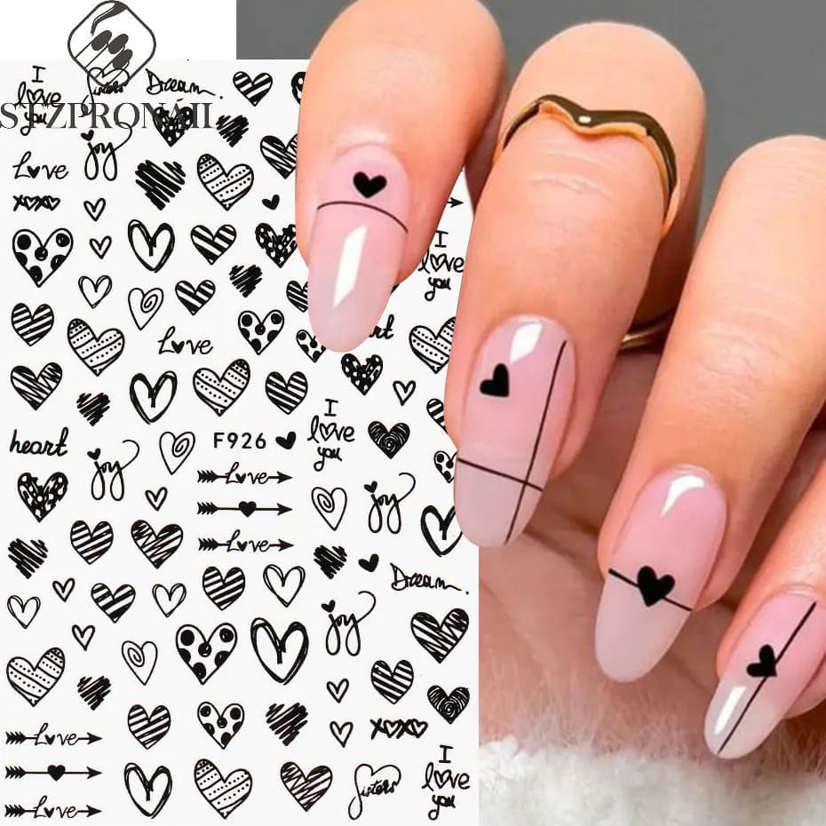 1PCS New Black White Love Heart English Alphabet Nail Art Sticker Nail Decoration Decal DIY Valentine's Day 3D Adhesive Stickers - 3