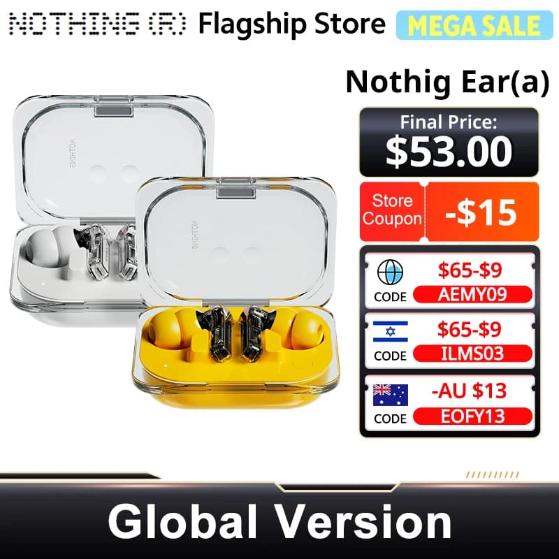 الإصدار العالمي Nothing Ear (a) سماعة بلوتوث  45dB إلغاء الضوضاء النشط ANC ديناميكي 42.5 ساعة استماع تصميم عصري