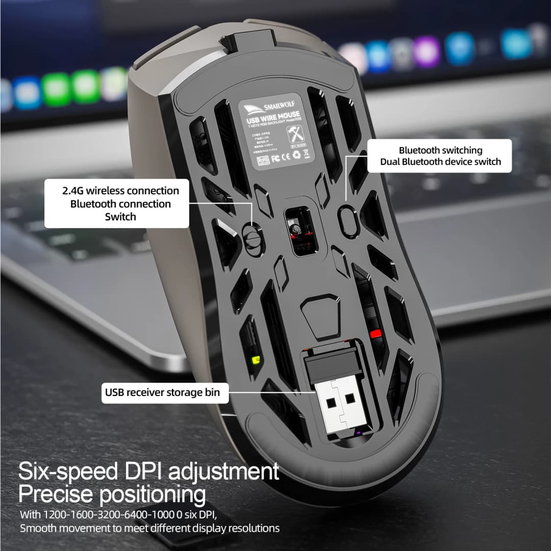 سميل وولف RS8 ماوس ألعاب لاسلكي ثلاثي الأوضاع (بلوتوث/2.4 جيجاهرتز)، خفيف الوزن، معدل استجابة 1000 هرتز، دقة 10000 ديسيبل متوحد الخواص، للألعاب الإلكترونية - 5