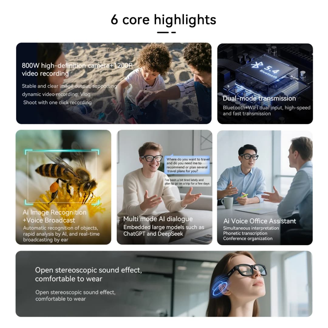 نظارات بلاكفيو الذكية BV100، كاميرا HD، بلوتوث 5.4، بطارية 220 مللي أمبير، مكبرات صوت ستيريو بجهير، ميكروفون إلغاء الضوضاء، كشف الارتداء - 2