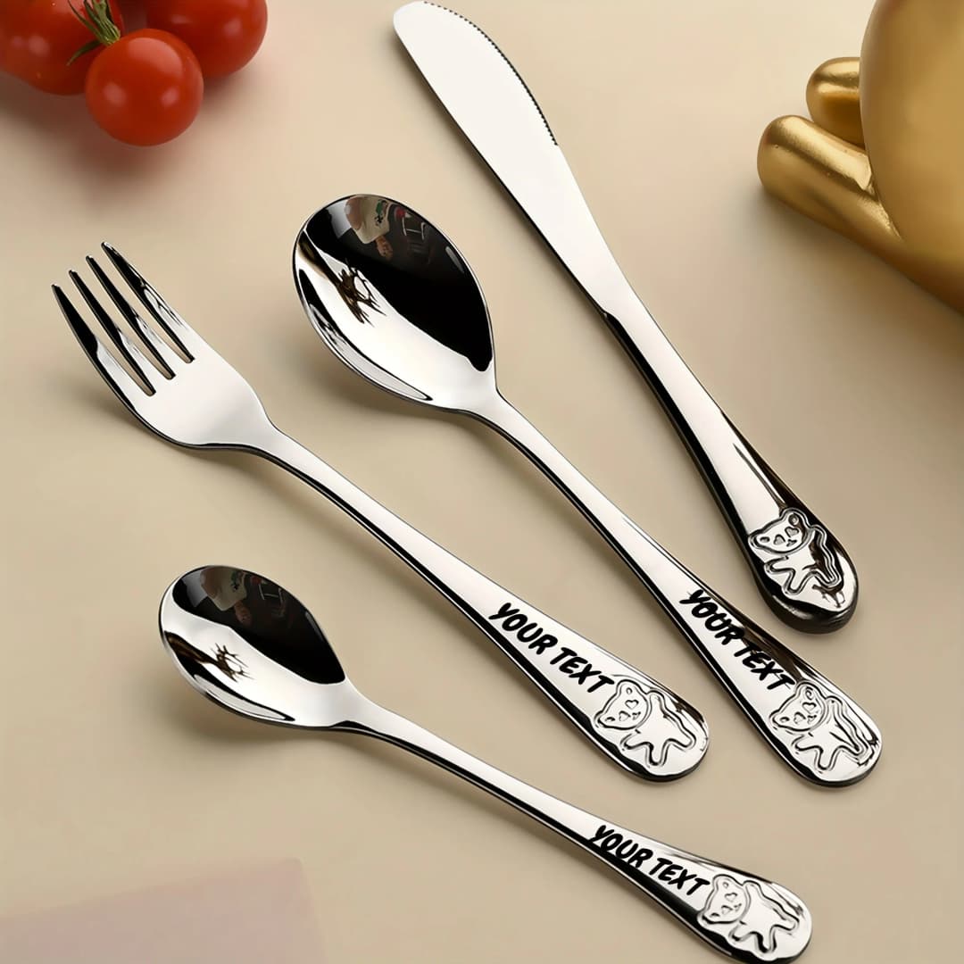 4pc Customizable Name 304 Stainless Steel Flatware Set with Cute Bear Design Personalized Text Include Knife Fork Spoon Teaspoon - 3