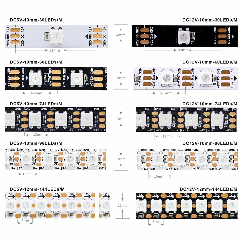 شريط ليد WS2812B 5V 30/60/74/96/144 ليد ذكي شريط بكسل RGB لوحة دوائر سوداء/بيضاء IP30/65/67 WS2811 IC إضاءة ليد 1م/2م/3م/4م/5م - 2