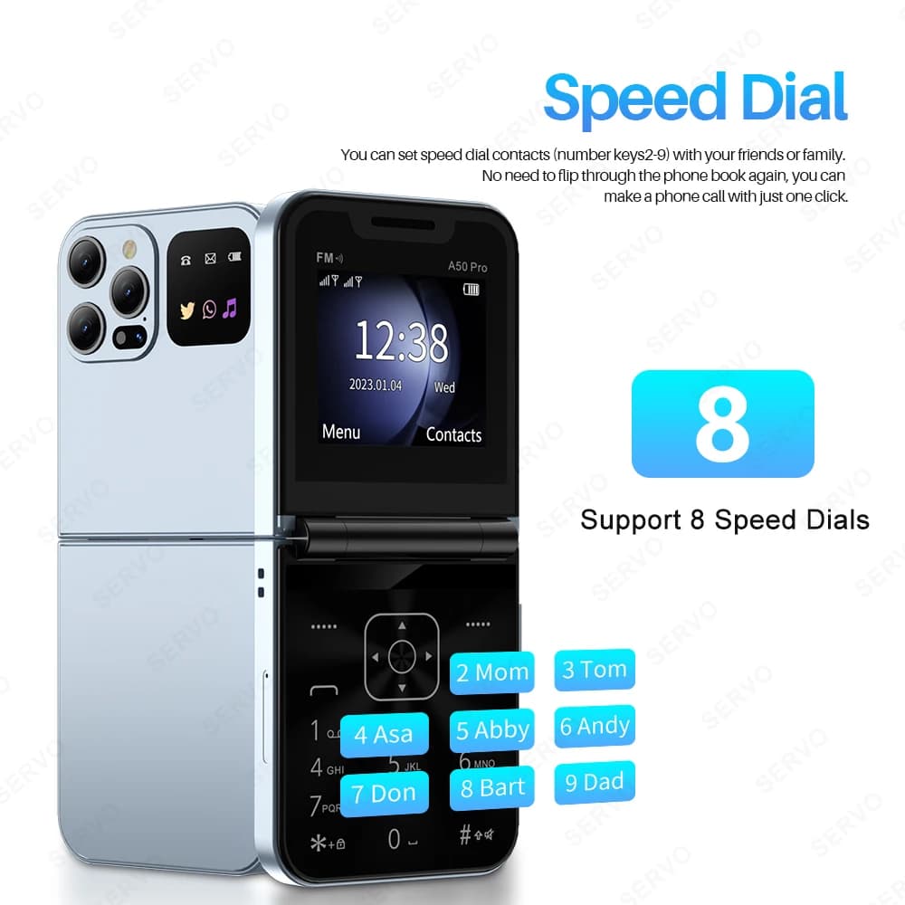SERVO A50 PRO هاتف محمول قابل للطي بشاشة 2.4 بوصة اتصال سريع تسجيل المكالمات قائمة سوداء شريحتين مفتوح قابل للطي إصدار جديد - 5