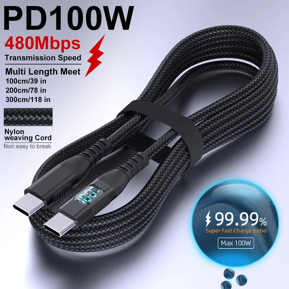 1 متر 2 متر 3 متر USB C إلى نوع C سلك شاحن سريع نايلون مضفر 5A ماكس شحن سريع آيفون 15 16 لسلك طاقة أندرويد