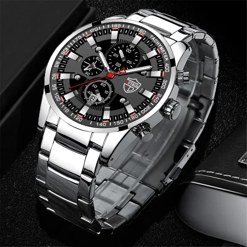 3PCS DEYROS Fashion Mens Calendar Watches Luxury Male Stainless Steel Quartz Wristwatch Men Bracelet Necklace Wrist Watch - 4