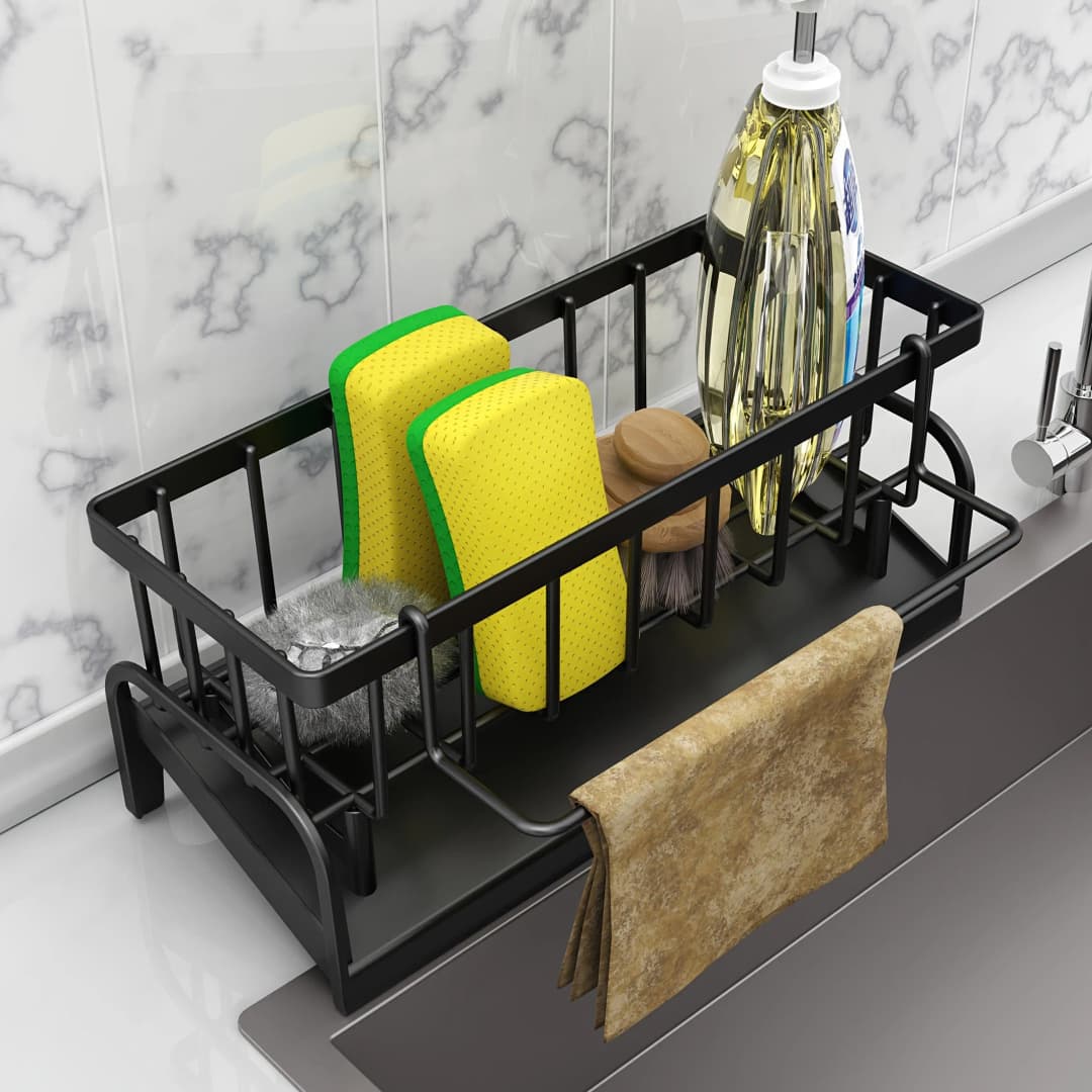 1 Set Durable Sponge Drain Rack Dish Box Kitchen Organizer with Brush Detergent Holder Sink Faucet Rack for Home Bathroom - 3