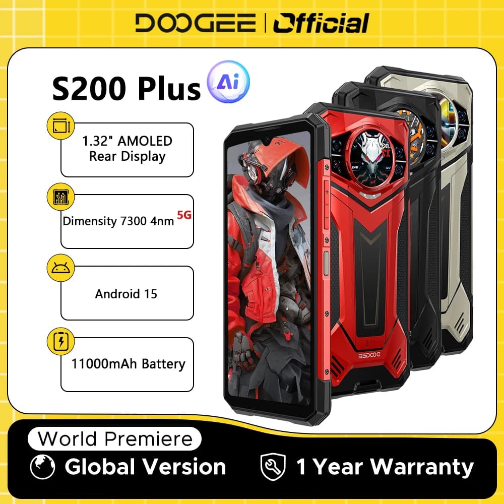 DOOGEE S200 Plus 5G AI Rugged Phone Android 15 Dimensity 7300 1.32" Rear Display 16GB 512GB 6.72'' 11000mAh Battery Smartphone