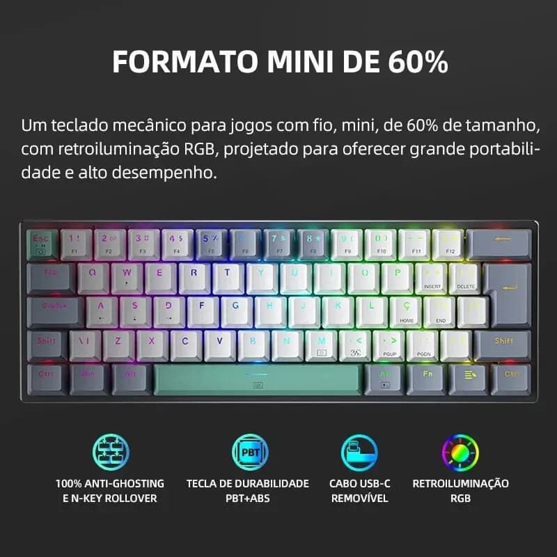 Machenike K500-B61 Mini Mechanical Keyboard 60% ABNT2 Layout RGB Backlight Hot-swappable NKRO Wired Gaming Keyboard For PC Gamer - 3