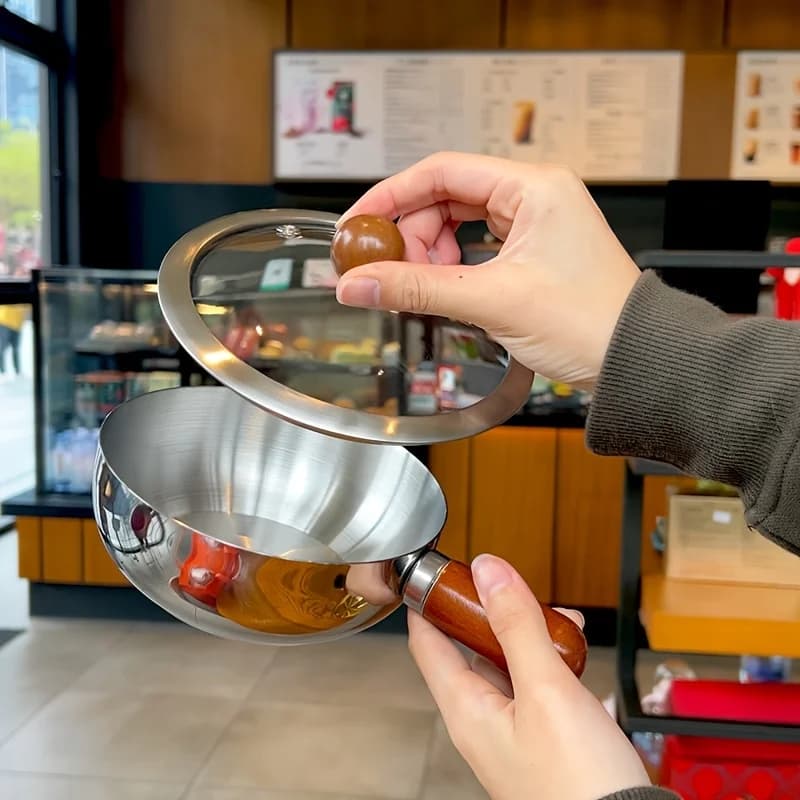 قدر صغير من الفولاذ المقاوم للصدأ بمقبض خشبي، 14 سم، مناسب للتخييم والمطبخ - 6