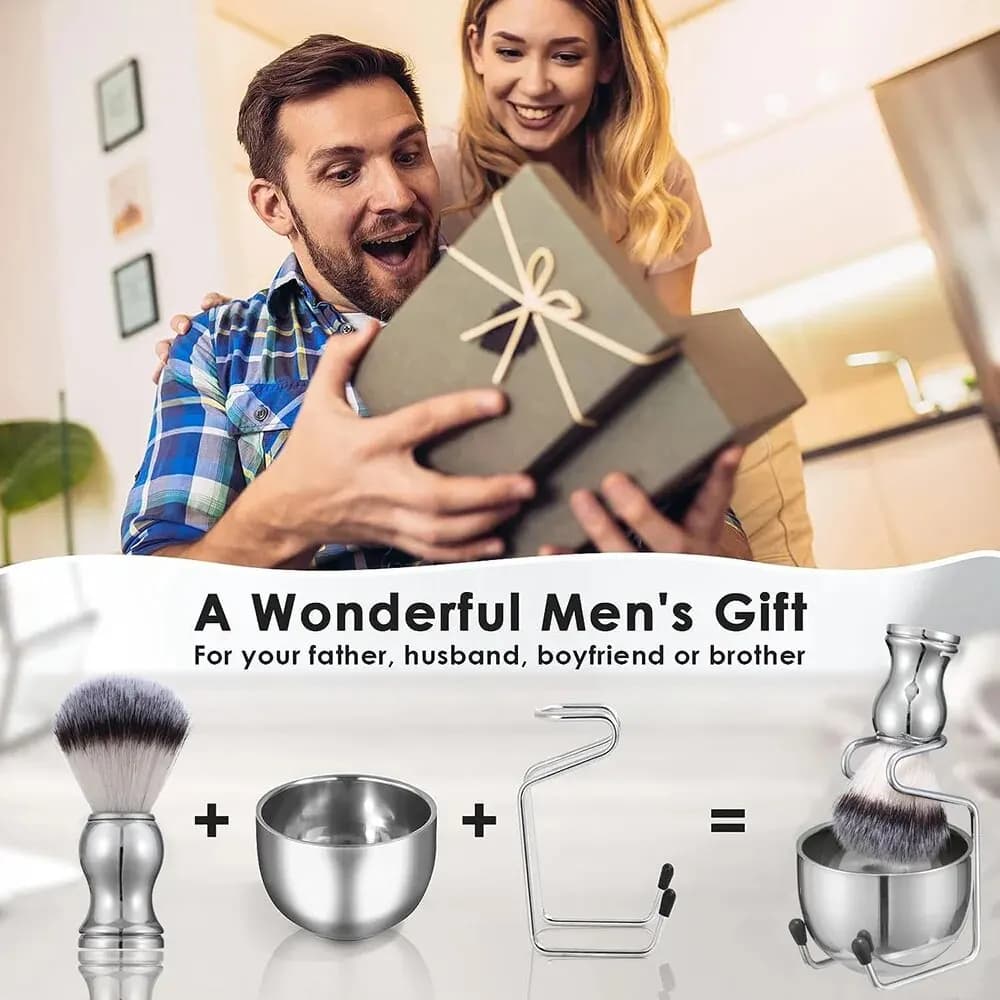 مجموعة حلاقة 3 في 1 بفرشاة من شعر البادجر الصناعي ووعاء صابون حلاقة من الفولاذ المقاوم للصدأ وحامل فرشاة للرجال - 6