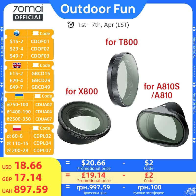 مرشح CPL الأصلي من 70mai مخصص لكاميرا 70mai A810 بدقة 4K وOmni X800 بقنوات 3 وT800 عدسة استقطاب دائري مرشح CPL