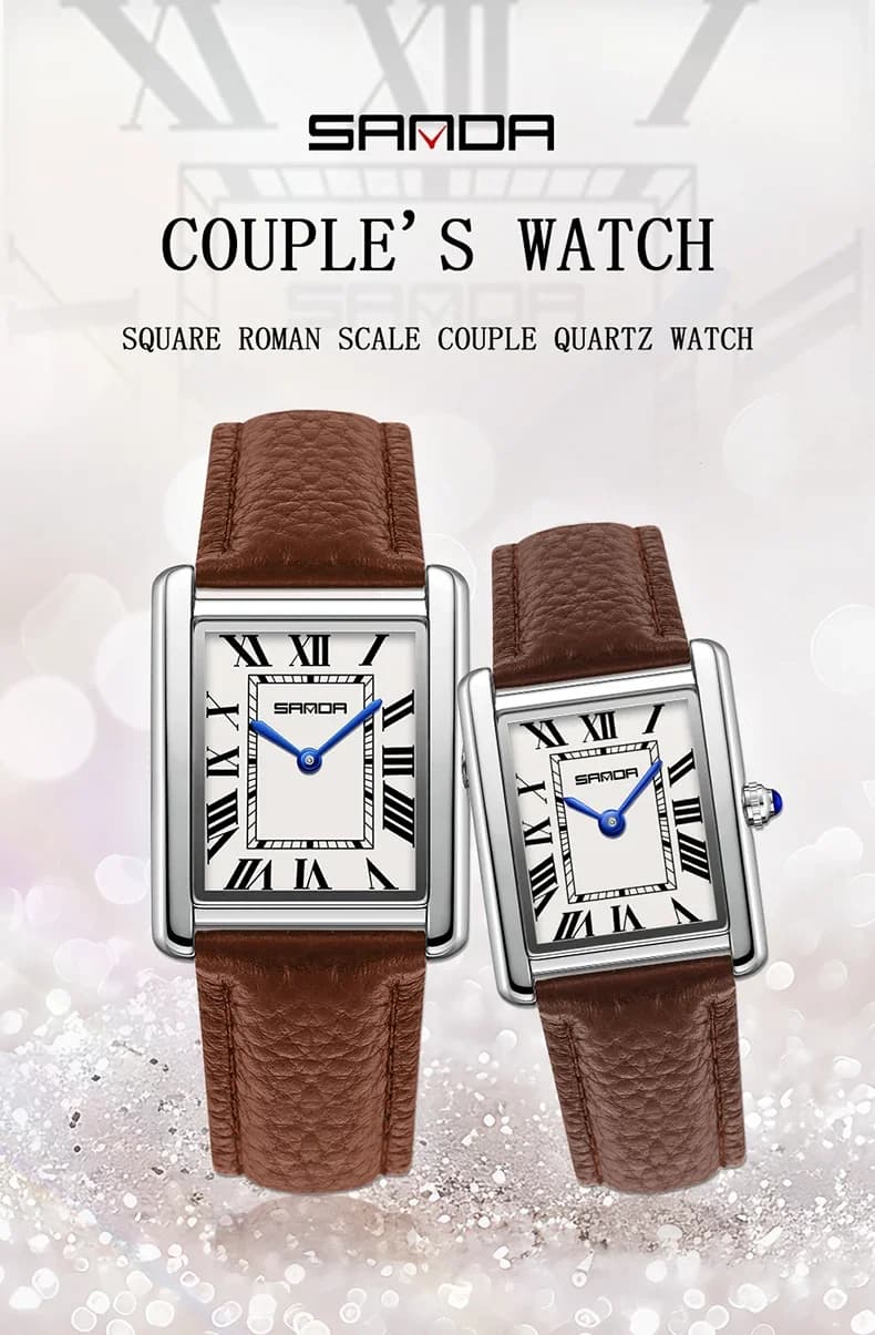 ساعات SANDA زوجية مقاومة للاهتراء بحزام جلدي فاخر ميناء مربع مقاوم للماء حتى 30 متر ساعات كوارتز رياضية وكاجوال للنساء والرجال - 2