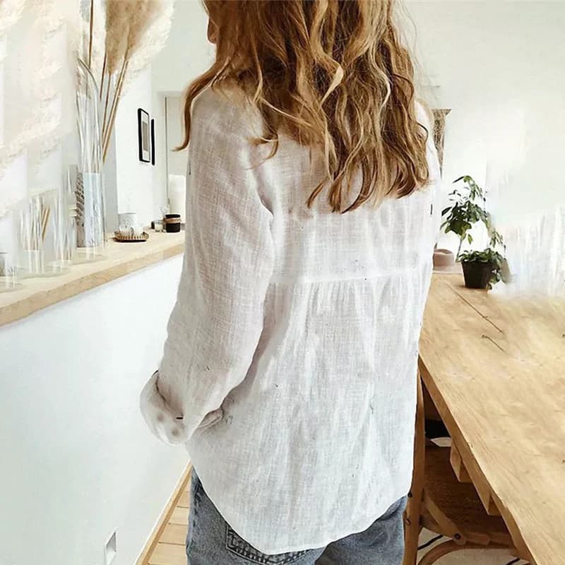 Elegant Cotton Linen Shirts Women Casual Solid Button Lapel Blouses Shirts Spring Summer Long Sleeve Loose Tops Tunic Blusas - 4