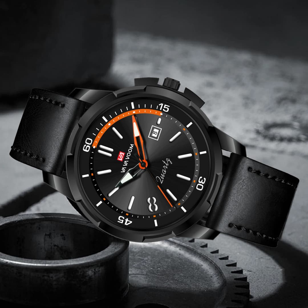 ساعة VA VA VOOM عسكرية جلدية سوداء بميناء كبير 46 ملم حركة كوارتز أسلوب أعمال عارضة موضة رياضية خارجية - 2