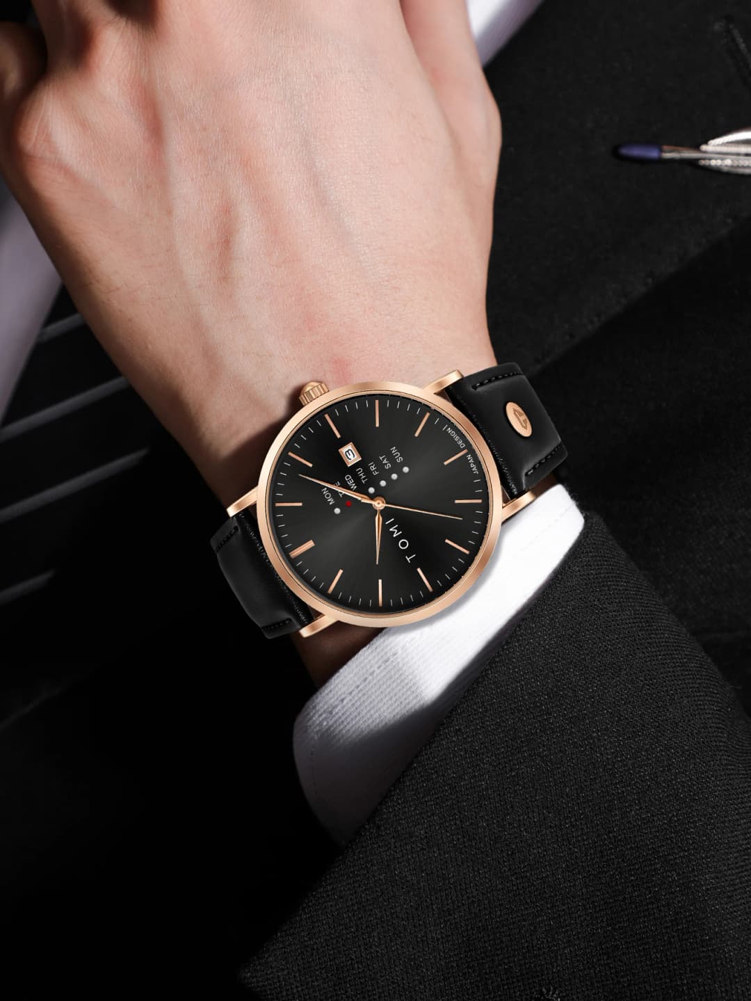 ساعة عمل أنيقة من TOMI للرجال، كوارتز بملمس مميز، حزام جلد، مع تقويم أيام الأسبوع - 3