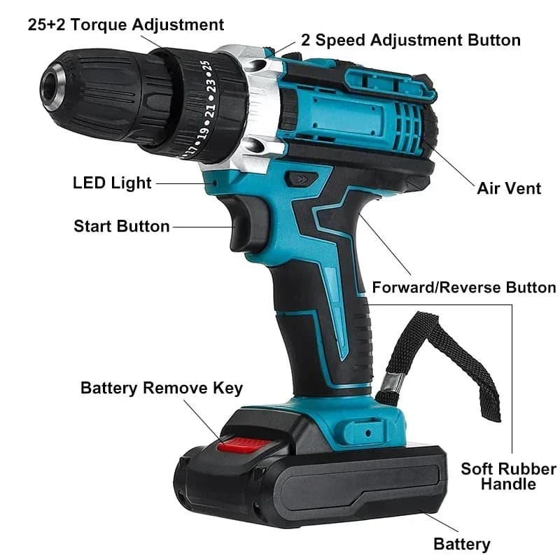 Gisam Battery Impact Screwdriver Multifunctional Cordless Drill Power Tool 25+3 Torque Setting 2 Gear Speed Electric Screwdriver - 4