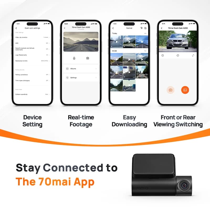 كاميرا داش 70mai A200 بتسجيل ثنائي القناة بدقة 1080P HDR، شاشة IPS 2 بوصة، وضع ركن السيارة 24 ساعة، تطبيق WiFi، زاوية رؤية 130 درجة - 6