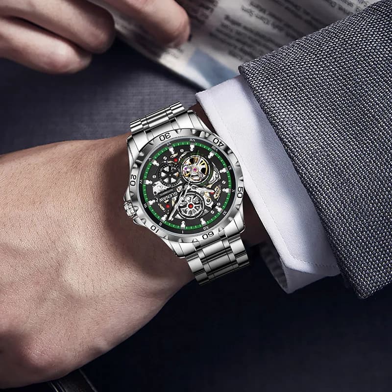 GLENAW Steampunk Skeleton Men's Watch Ring Luxury Automatic Mechanical Watches Luminous waterproof Stainless Steel Strap Watch - 3