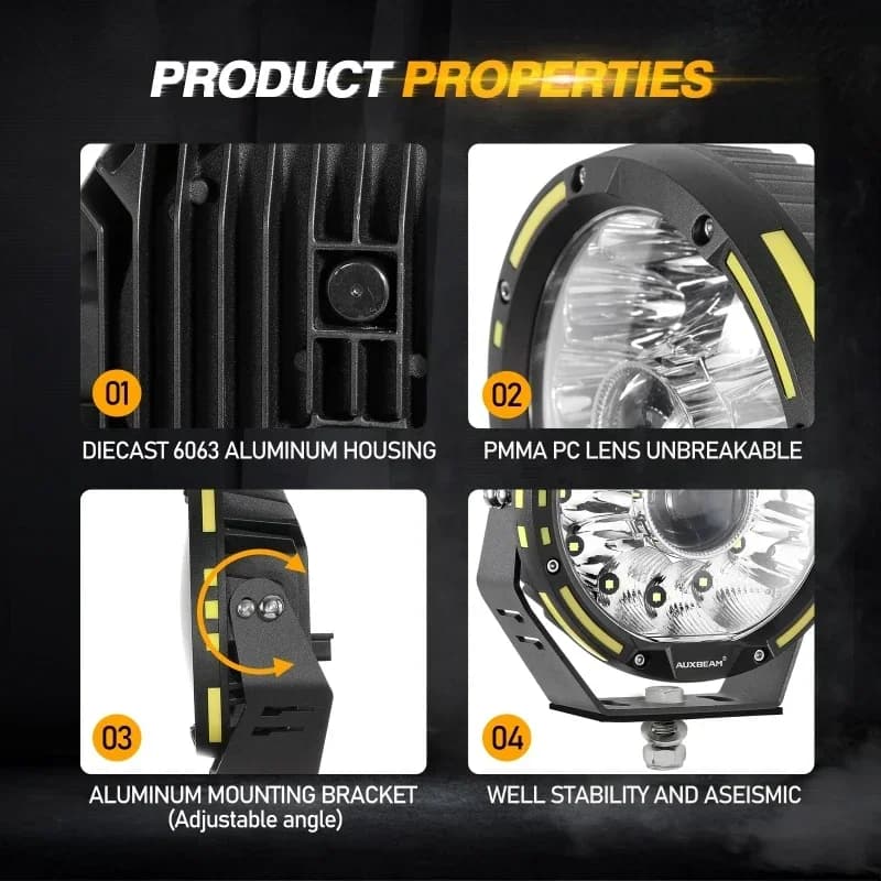 Auxbeam إضاءة عمل LED مستديرة 7 بوصة/9 بوصة حزمة إضاءة كاشفة مع تسخير لشاحنات البيك آب والطرق الوعرة - 5