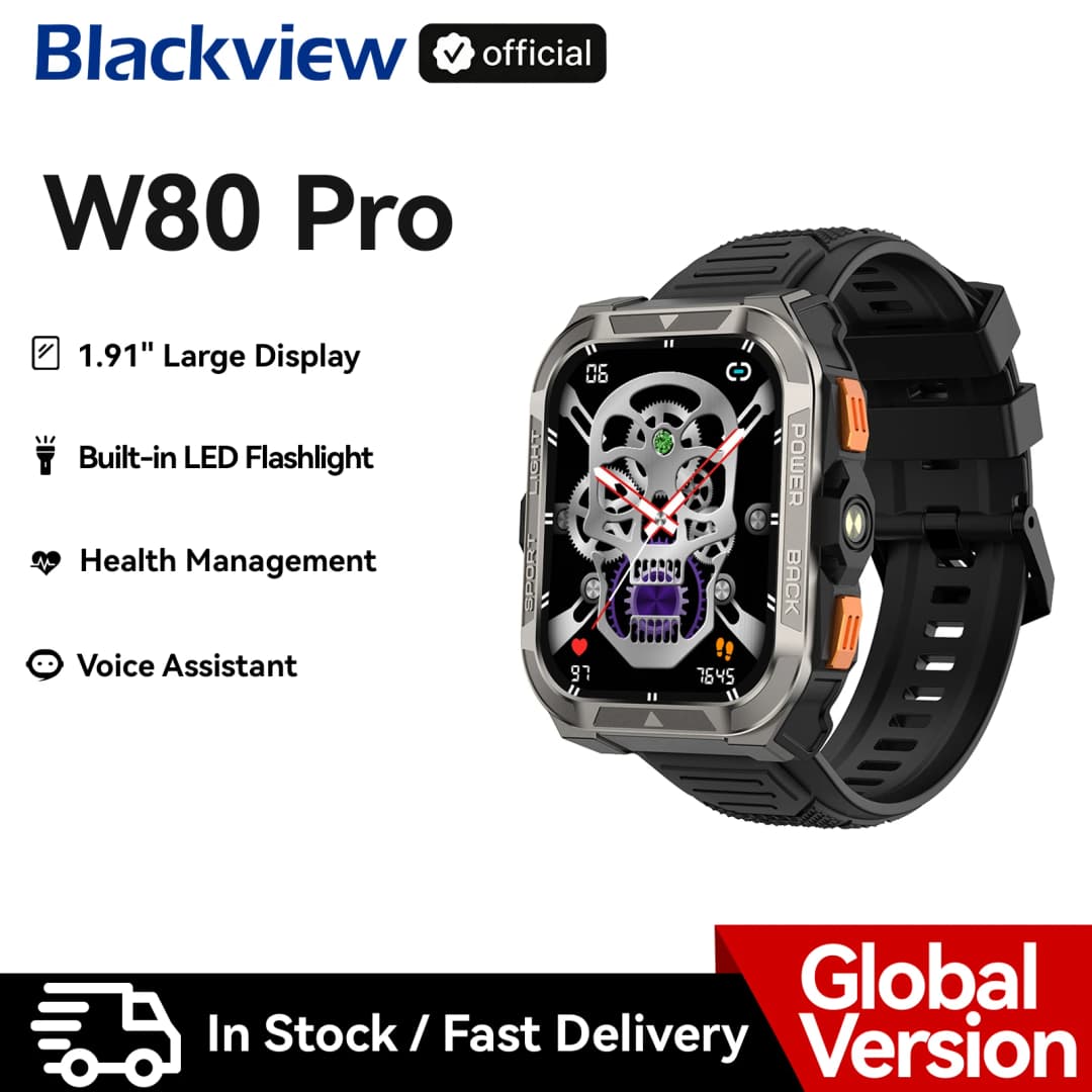 ساعة ذكية خارجية Blackview W80 PRO مع تحديد المواقع GPS، شاشة 1.91 بوصة TFT، بطارية 900mAh مع كشاف، ساعة مراقبة الصحة