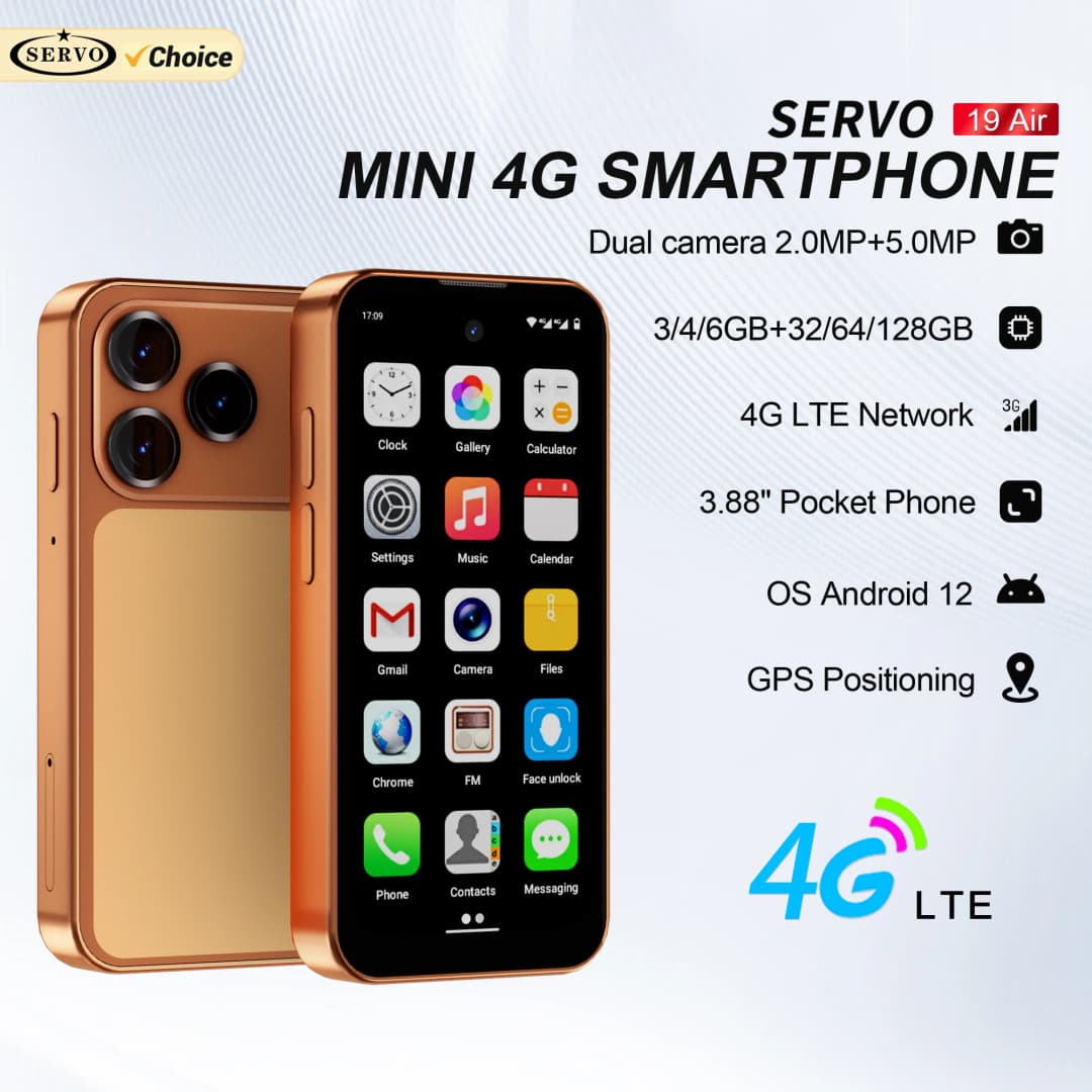 هاتف ذكي صغير SERVO 19 Air 4G LTE بنظام أندرويد 12.0، ذاكرة وصول عشوائي 6 جيجابايت، ذاكرة قراءة فقط 128 جيجابايت، متجر Play، فتح الوجه، نظام تحديد المواقع GPS، بطاقتي SIM، شاشة 3.88 بوصة