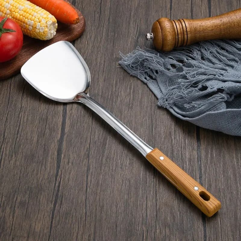 1pc Stainless Steel Imitation Wood Grain Handle Spatula Leaky Shovel Spoon 5 Tools for Kitchen Light for Cooking Kitchen Tools - 4