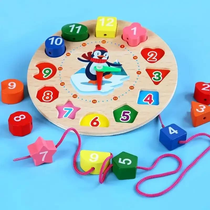 Wooden Blocks Puzzle Shape Number  Color Sorting Clock Montessori Toys for Kids Early Education Penguin Patterns Time Learning - 2