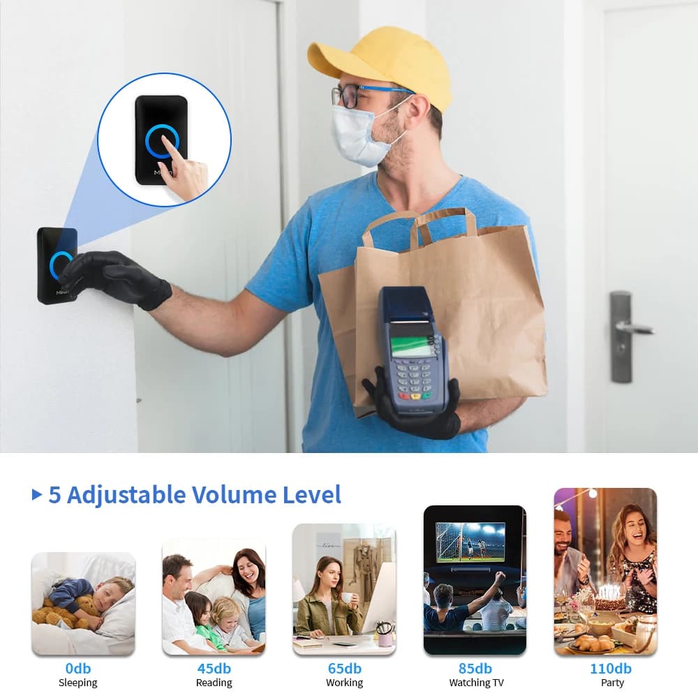 جرس باب ذكي من Meian للمنزل، أمان لاسلكي، مقاوم للماء IP65، 60 نغمة، 5 مستويات صوت قابلة للتعديل - 3