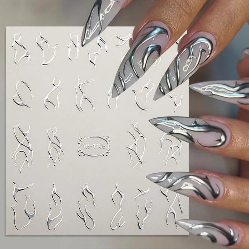 Metal Line Nail Stickers 3D Sliver Gold Curve Stripe Lines Tape Swirl Sliders Manicure Adhesive Gel Nail Art Decals Decorations