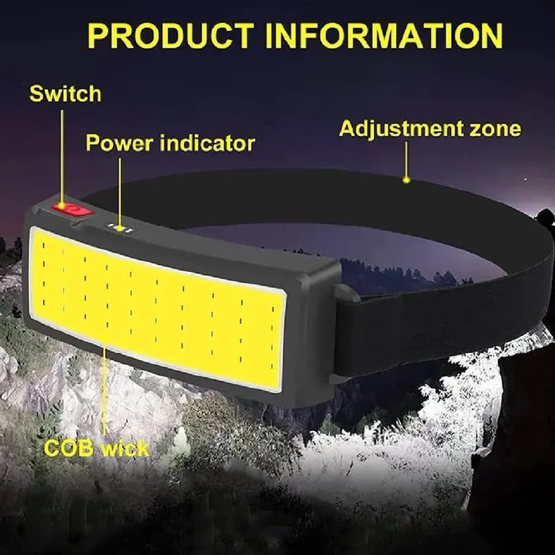 كشاف رأس قوي COB قابل لإعادة الشحن Type-c/USB ببطارية مدمجة ومصباح يدوي مقاوم للماء للمخيمات والصيد في الهواء الطلق - 3