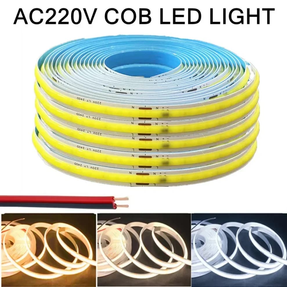 شريط إضاءة LED COB مرن، 220V، IC ذكي، لا يحتاج إلى محول، سطوع عالي، 240 LED، إضاءة خطية، لون أبيض دافئ RA95، طول 1-5 متر