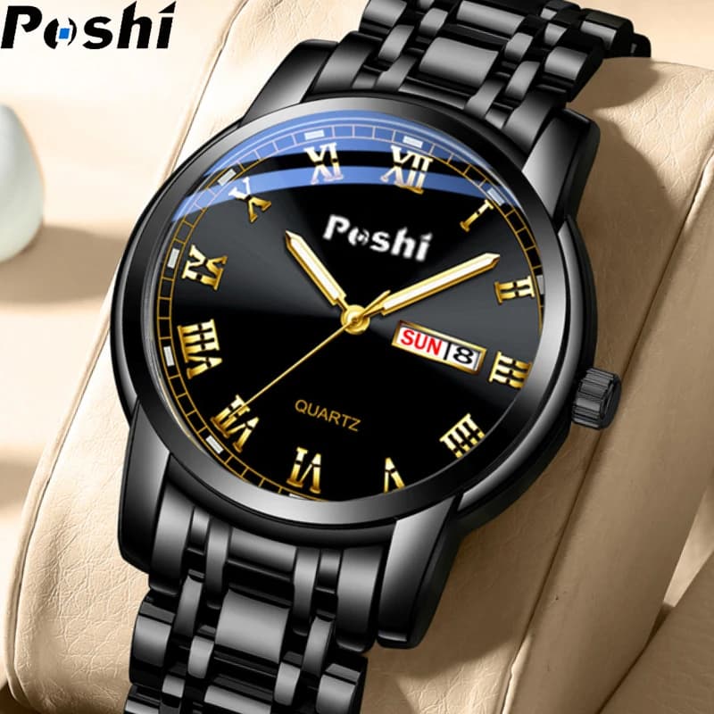 POSHI Stainless Steel Quartz Wrist Watch for Man Luxury Week Date Display Luminous Bracelet Fashion Men's Watch Original Clock - 2