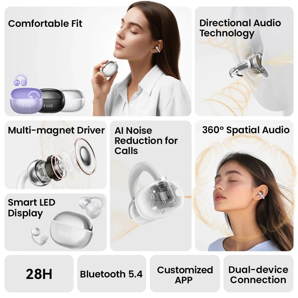 سماعات أذن لاسلكية HAYLOU AirFree مع Bluetooth 5.4 وشاشة LED وميكروفون مزدوج وتقليل الضوضاء باستخدام الذكاء الاصطناعي - 2