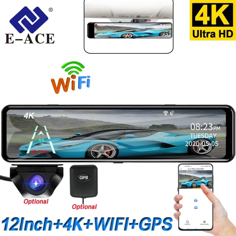 ACCEO 4K WIFI Dashcam 12 بوصة جهاز تسجيل فيديو رقمي للسيارات مرآة الرؤية الخلفية مسجل داش كام دعم 1080P سوني الصندوق الأسود ملحقات كاميرا الرؤية الخلفية