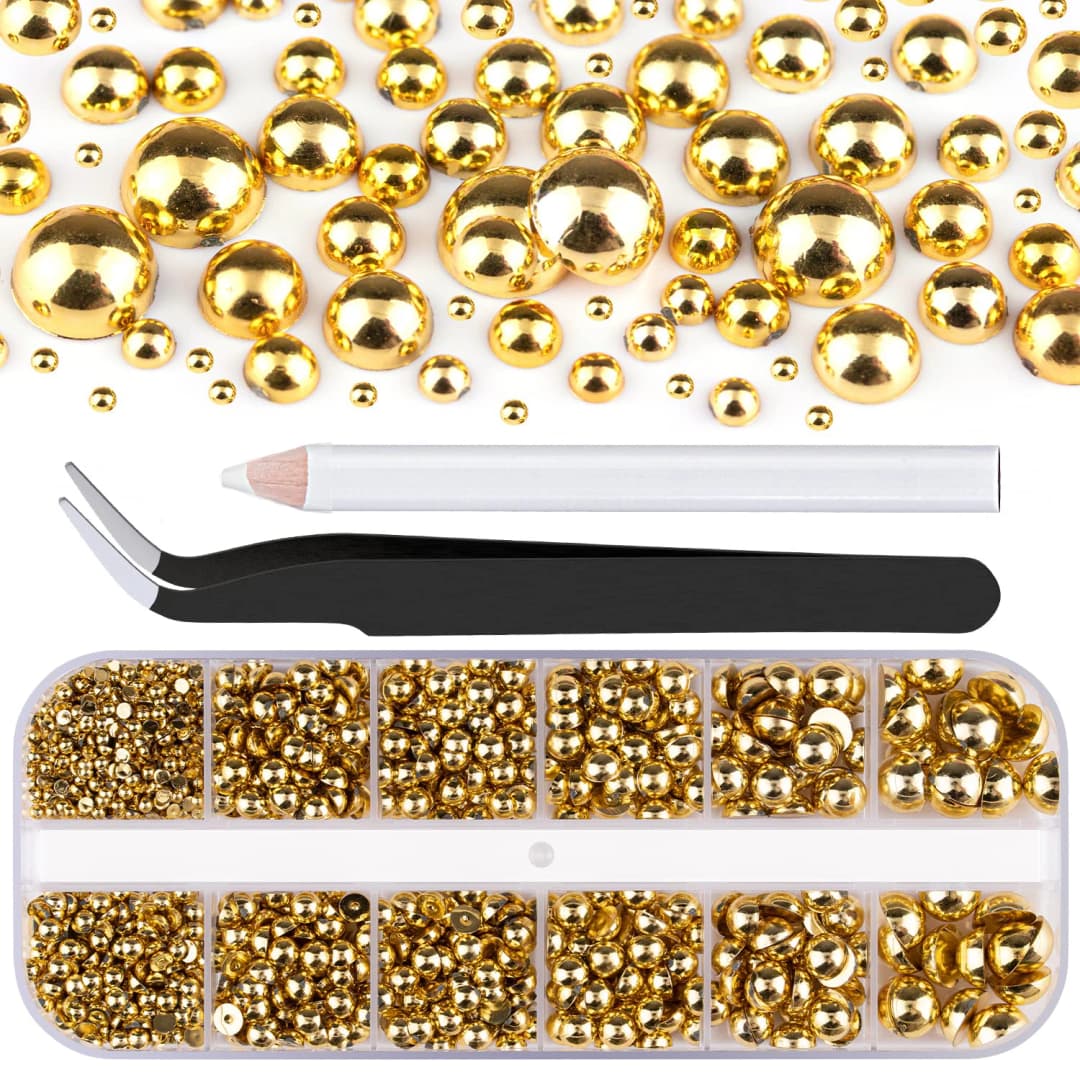 3Pcs/Set Gold Half Round Flatback Pearl Nail Charms - 12Grids Pearls Rhinestone Kits with Pickup Pencil & Tweezer Nail Art Tools - 2