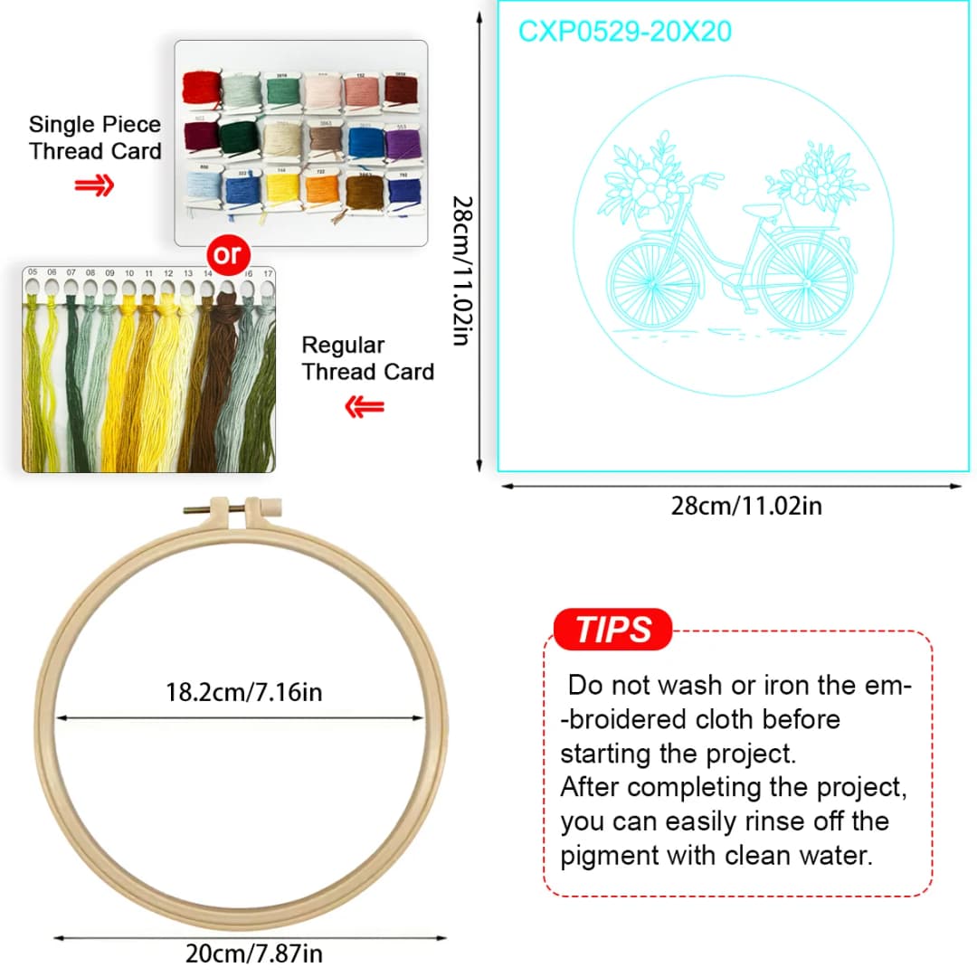 1pc 20X20CM/7.87inch Flowers on the bicycle Embroidery Starter Kit DIY kit Sewing Art Home Decor Set for Beginner - 6