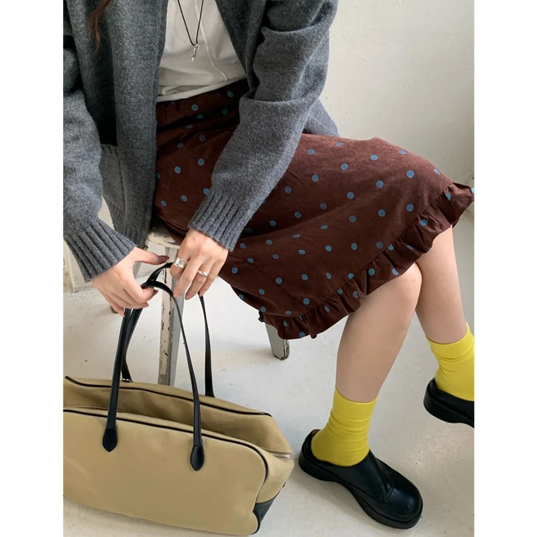 Retro Polka Dot Half Skirt with Wood Grain  Straight Loose Mid-Length Women's Spring Autumn Floral Lace Skirt - 2
