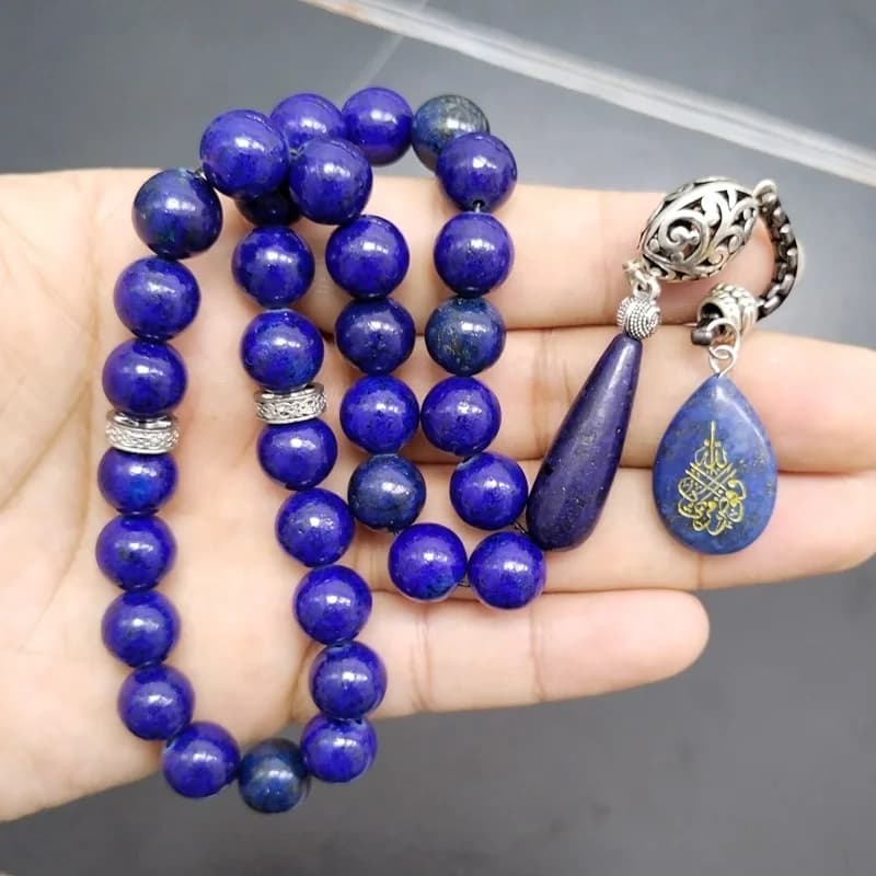 سبحة من حجر اللازورد الطبيعي، 33 حبة، أسورة، حجر أزرق، هدايا عيد الفطر ورأس السنة - 3