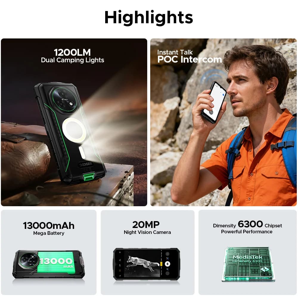 DOOGEE Fire 7 Pro 5G Rugged Phone Dual Camping Light 13000mAh Battery 64MP AI Main Camera Dimensity 6300 Android15 Smartphone - 3
