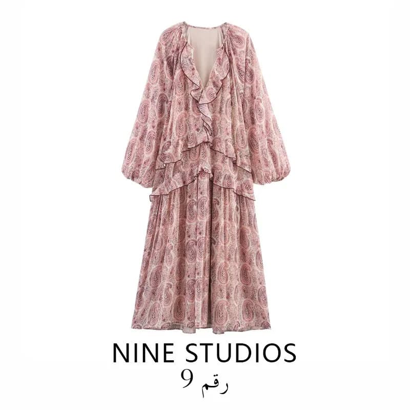 Loose V-neck Printed Maxi Dress Layered Decoration Women's Fashion Spring Summer Long Skirt Elegant Style Regular Sleeve