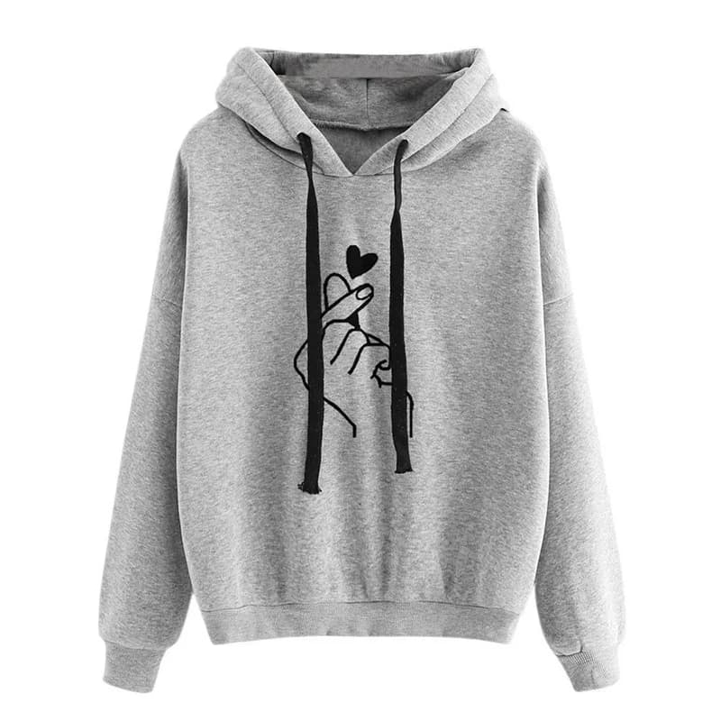 Autumn Fleece Hoodie Solid Color Finger Heart Hooded Korean Fashion Sweatshirts Long Sleeve Top Drawstring Pockets Loose Hoodies - 3