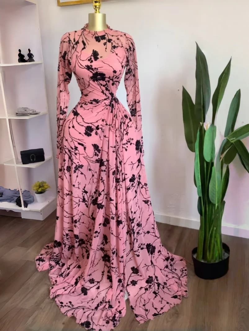 فستان طويل نسائي طويل الأكمام GLCMYAYA ياقة دائرية فتحة عالية فستان ماكسي أنيق