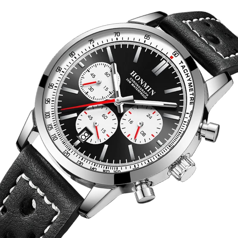 ساعة HONMIN رجالية فاخرة عالية الجودة، مقاومة للماء، كرونوغراف مضيء، ساعة يد جلدية، كوارتز كاجوال