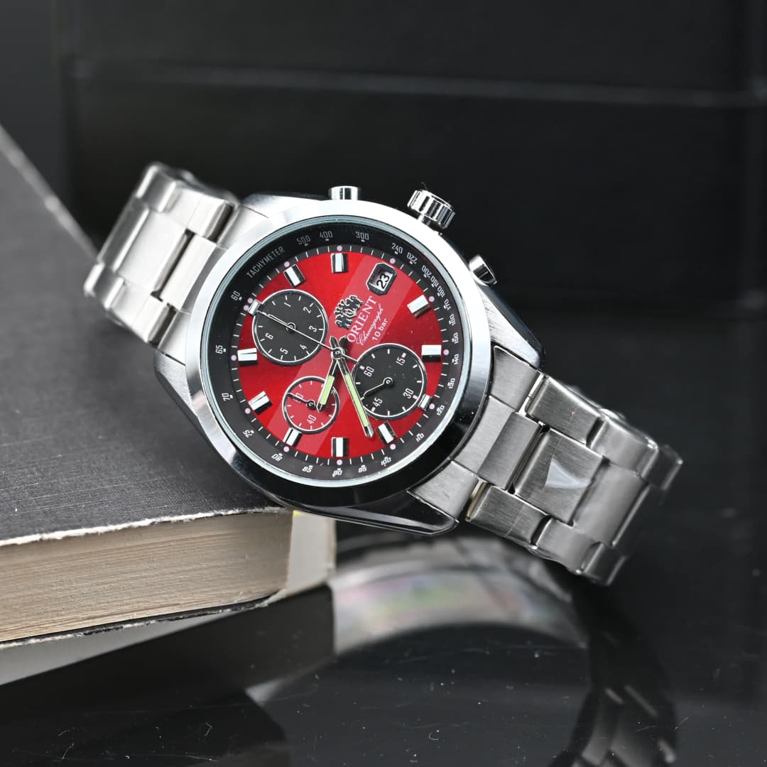 Orient Men's Quartz Chronograph Watch Red Dial Stainless Steel Band 100M Waterproof Sport Wristwatch - 2