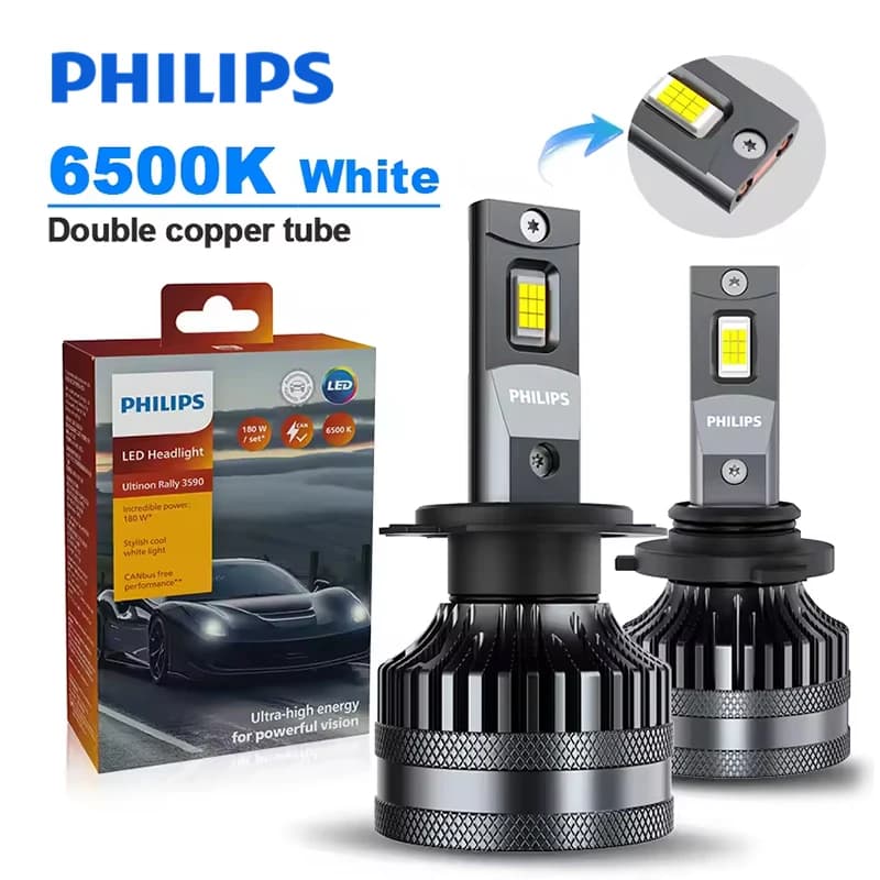 مصابيح سيارة Philips Ultinon Rally 3590 بقوة 180 واط، مصابيح LED أمامية H7/H1/H4/H11/9005/9006/9012/HIR2، إضاءة ضباب 6500K