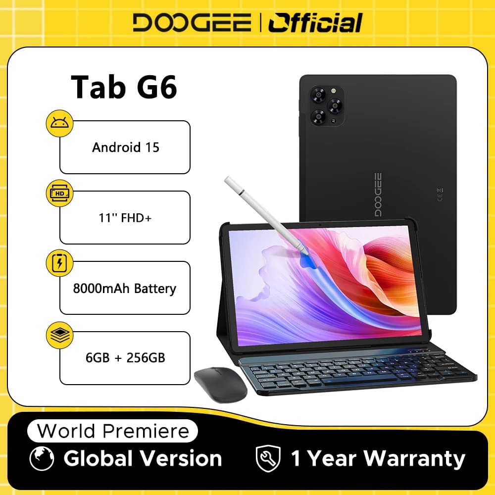 DOOGEE Tab G6 2 IN 1 Tablet Android 15 Dual Speakers 11'' Screen 30GB RAM(6GB+24GB) 256GB 8000mAh Battery Widevine L1 Smart Pad
