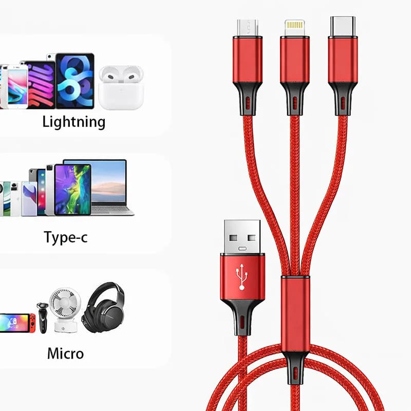 كابل شحن سريع 3 في 1 لهواتف آيفون وشاومي، يو إس بي-سي، مايكرو يو إس بي، سلك شحن يو إس بي متعدد المنافذ بطول 1.2 متر للهواتف والأجهزة اللوحية والأجهزة الأخرى - 3
